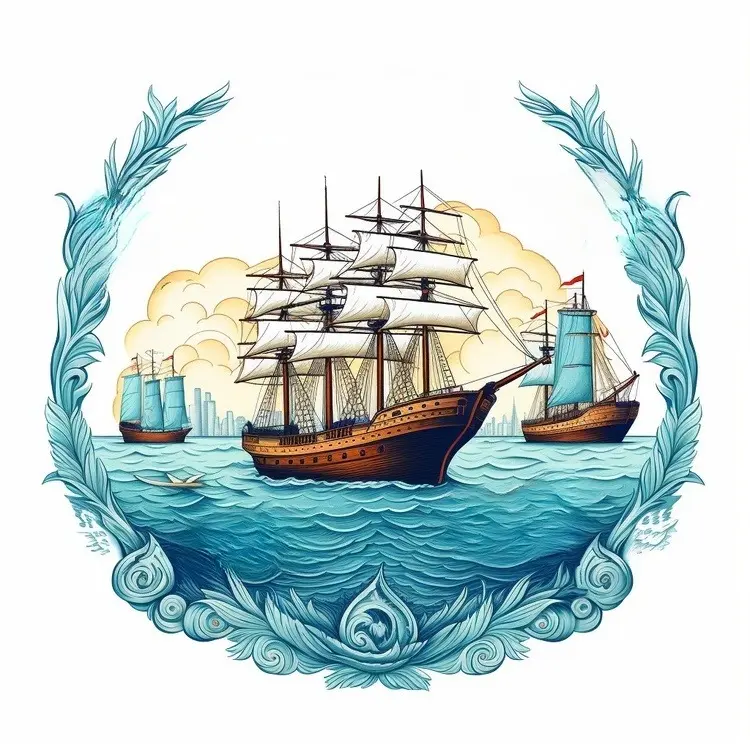 Classic Ship with Sails in the Ocean
