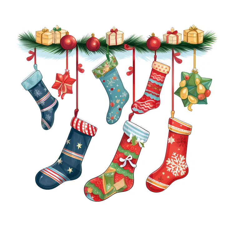 Colorful Christmas Stockings with Gifts and Decorations