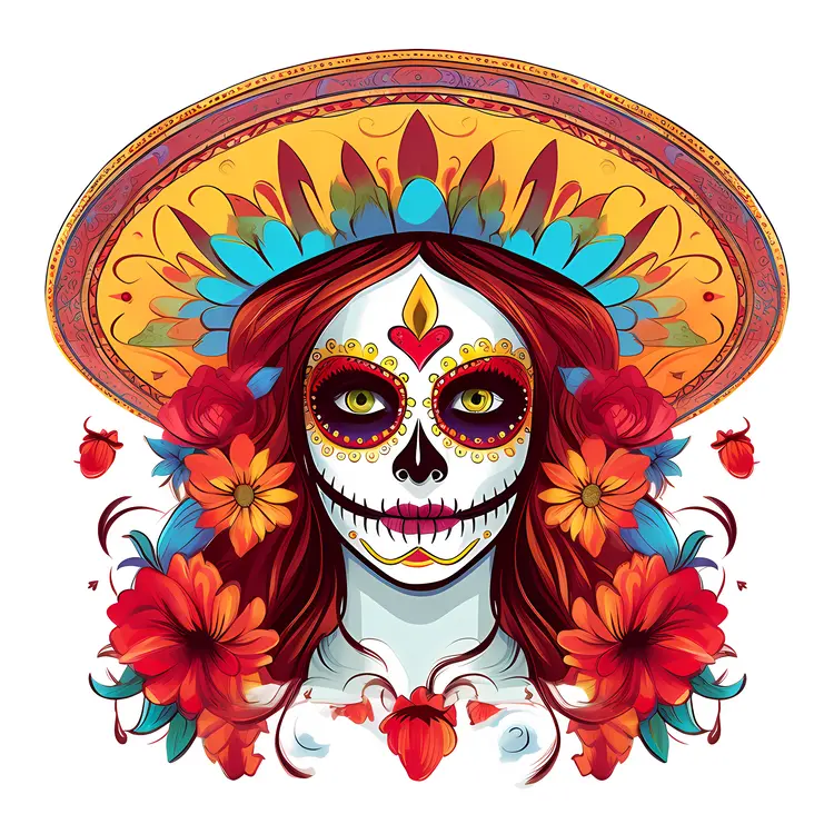 Colorful Sugar Skull with Flowers for Day of the Dead Celebration