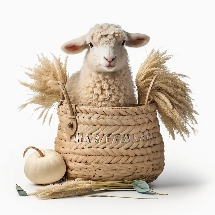 Cute Sheep in Basket with Autumn Decorations