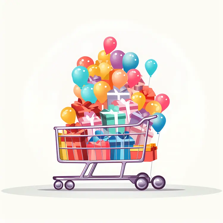 Shopping Cart Overflowing with Gifts and Balloons