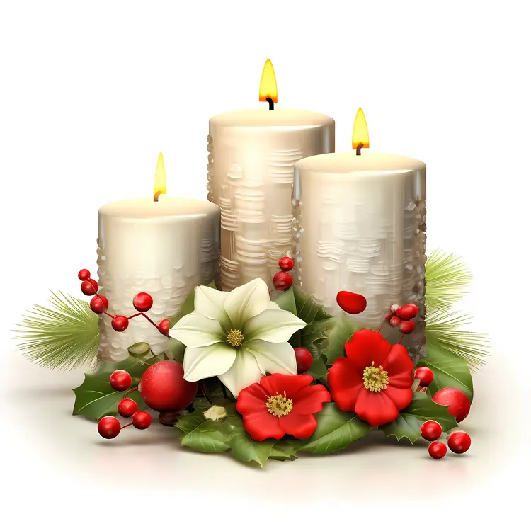 White Candles with Red and White Flowers and Green Leaves for Christmas Decoration
