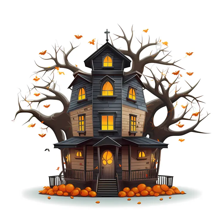 Spooky Haunted House with Pumpkins for Halloween