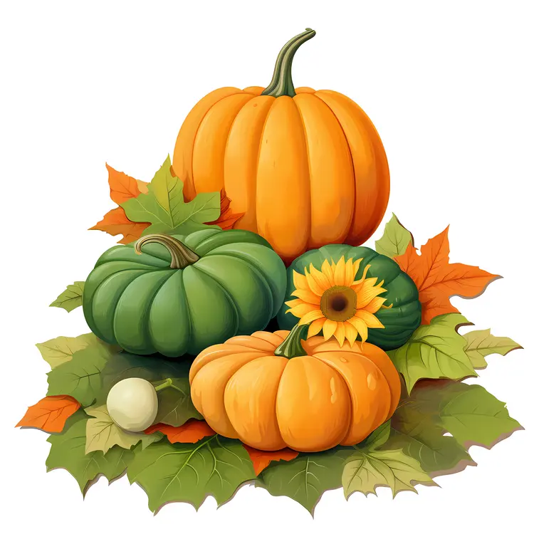 Pumpkins and Sunflower with Colorful Leaves