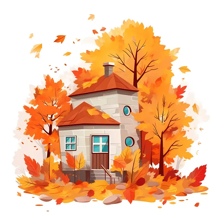 House in Autumn with Colorful Leaves