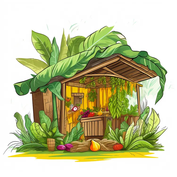 Tropical Hut with Fruits and Vegetables