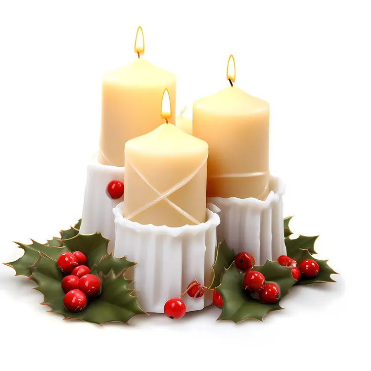 Three Christmas Candles with Holly and Berries