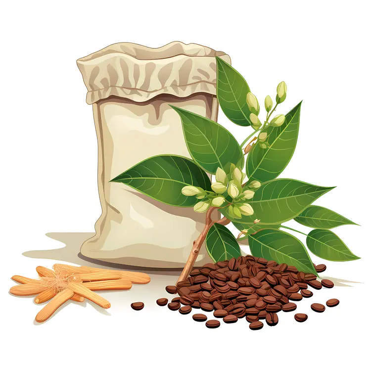 Coffee Beans and Sack with Leaves and Flowers