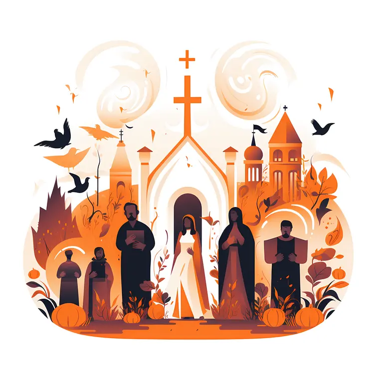 Illustration of Religious Ceremony with People and Church