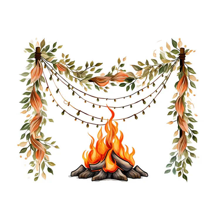 Campfire with Decorative Leaves and Lights