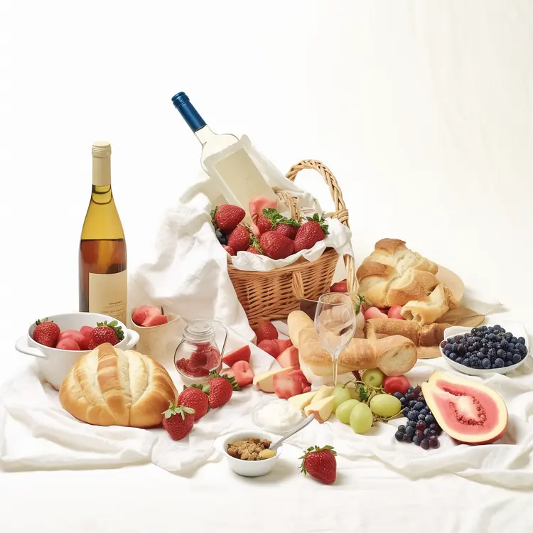 Picnic Basket with Fresh Fruits and Wine