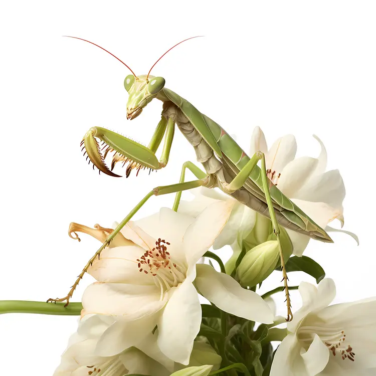 Green Praying Mantis on White Flowers