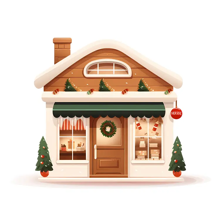 Christmas Shop with Decorations and Snow