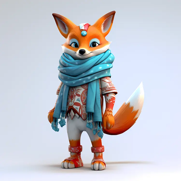 Cute Fox in Blue Scarf and Patterned Clothes