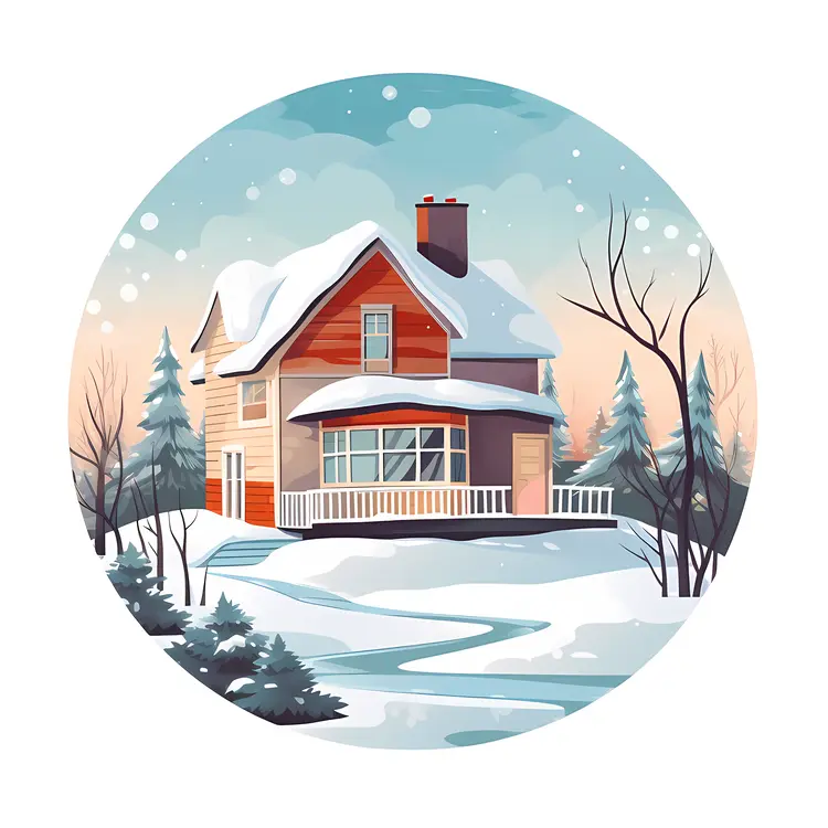 Snowy House at Sunset