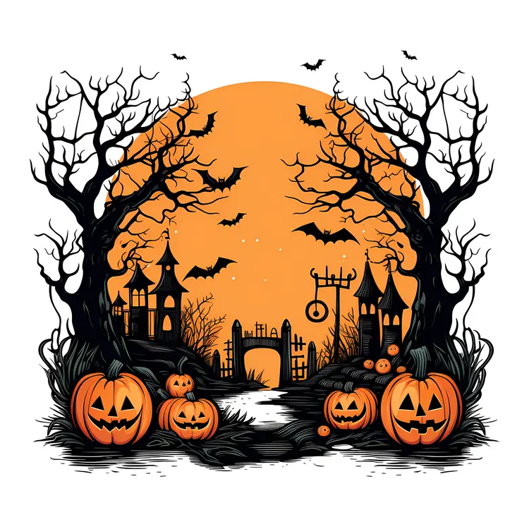 Haunted House with Pumpkins and Bats