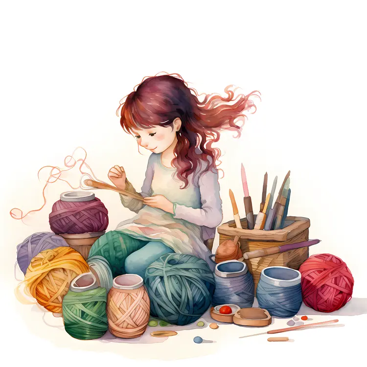 Girl Crocheting with Colorful Yarn