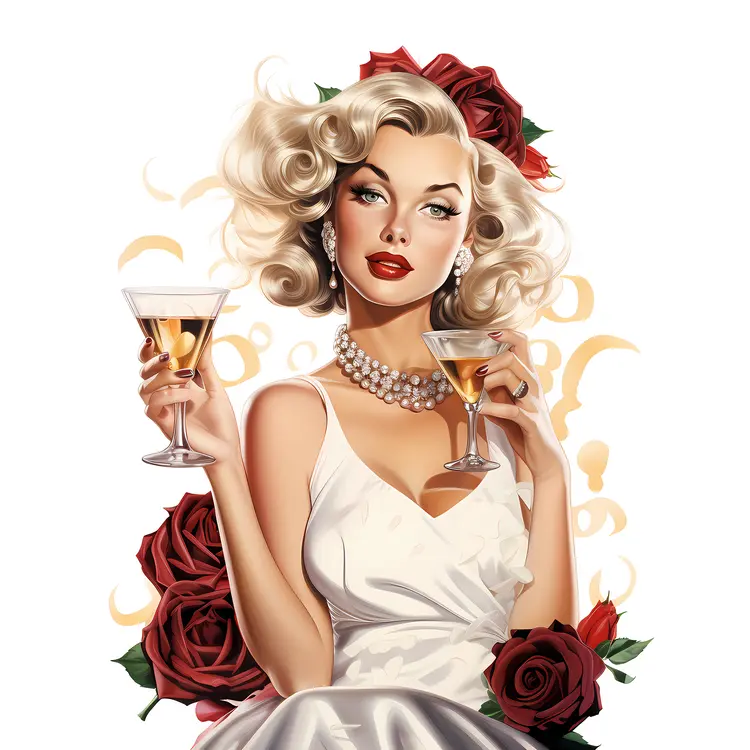 Elegant Woman with Wine Glasses and Roses