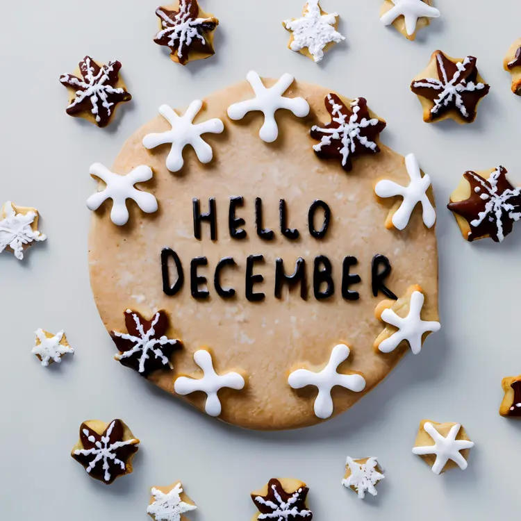 Hello December Cookie with Snowflake Decorations