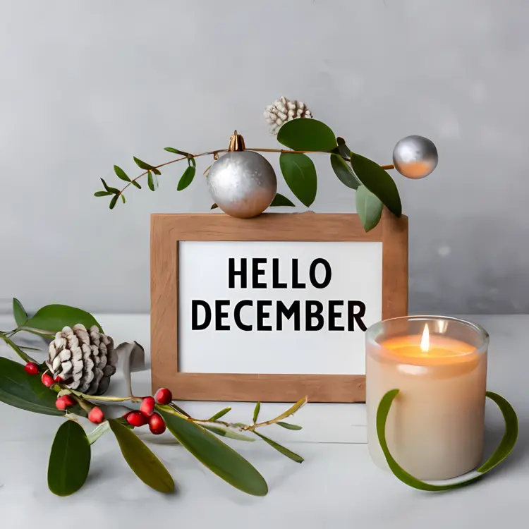 Hello December with Candle and Pinecones