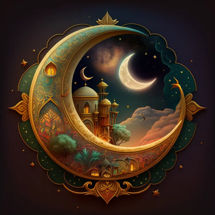 Beautiful Crescent Moon with Mosque for Ramadan