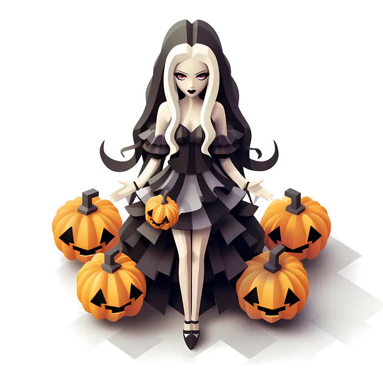 Witch with Black and White Hair Surrounded by Pumpkins