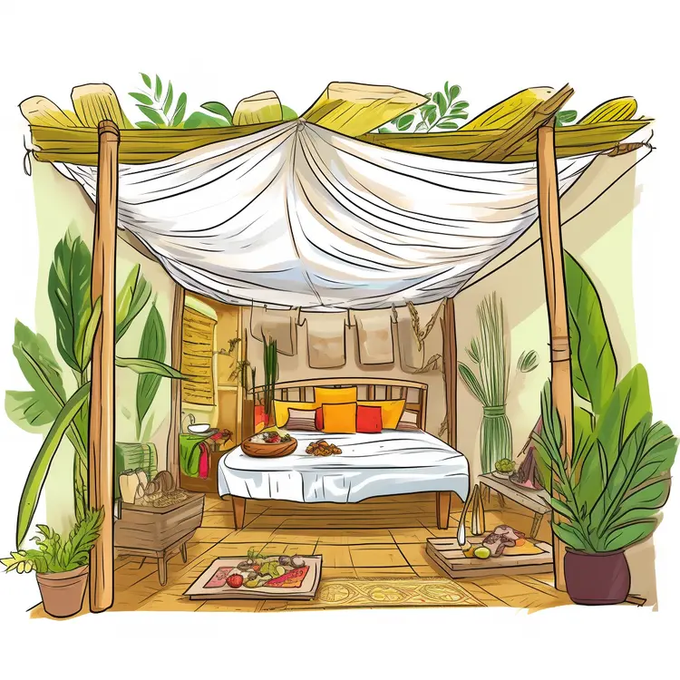 Cozy Tropical Canopy Bed with Plants