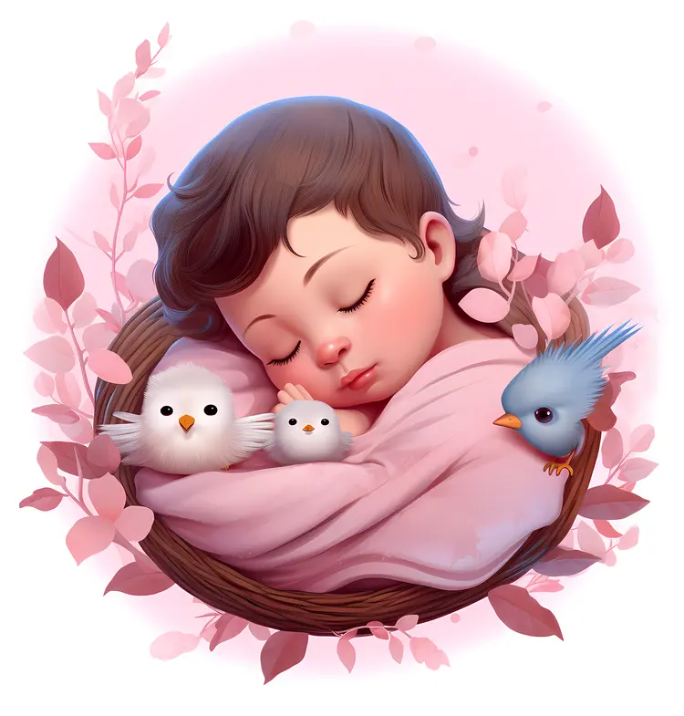 Sleeping Baby with Blue Bird in a Nest