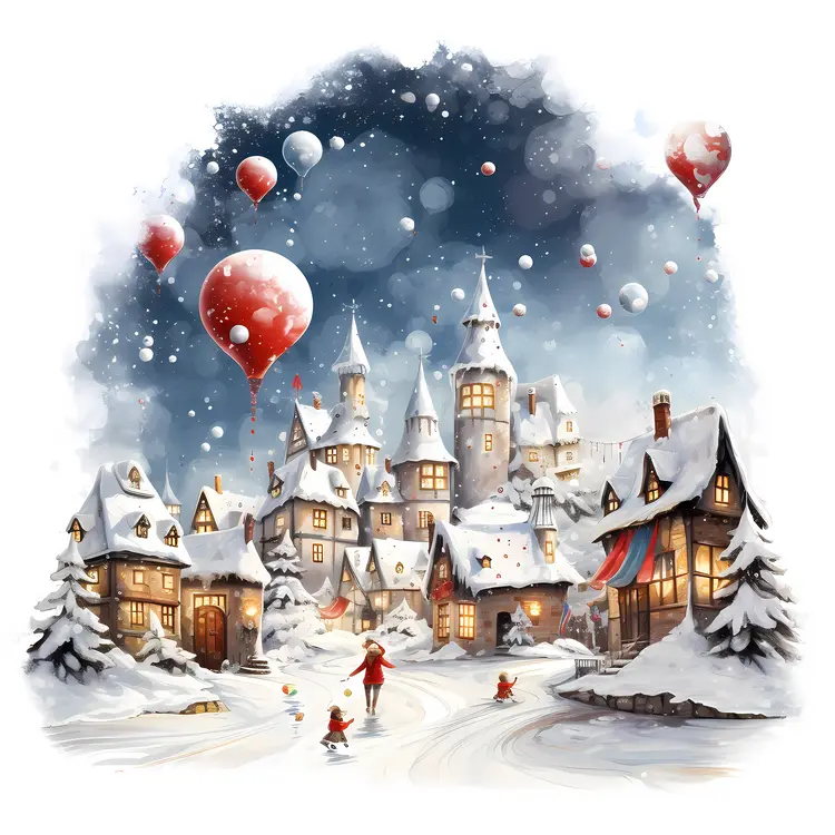 Festive Snowy Village with Balloons