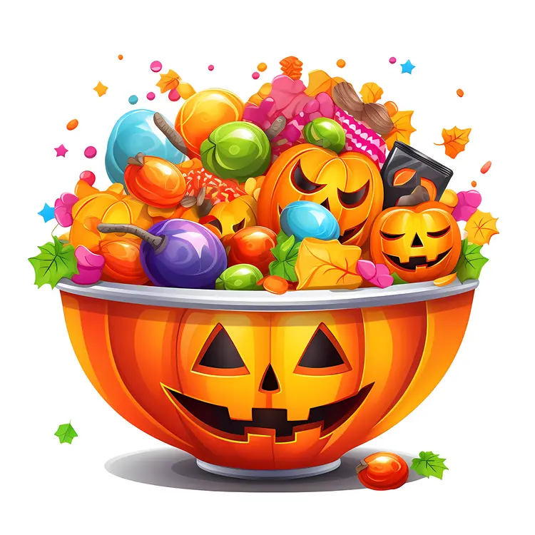 Colorful Halloween Candy Bowl with Pumpkins and Decorations