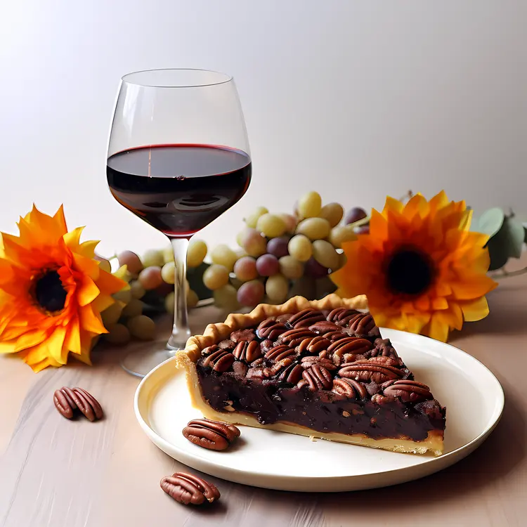 Delicious Pecan Pie with Wine and Sunflowers