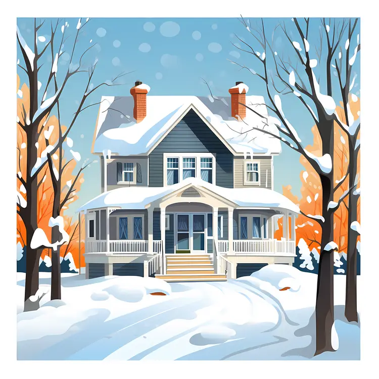 Blue House in Snowy Setting