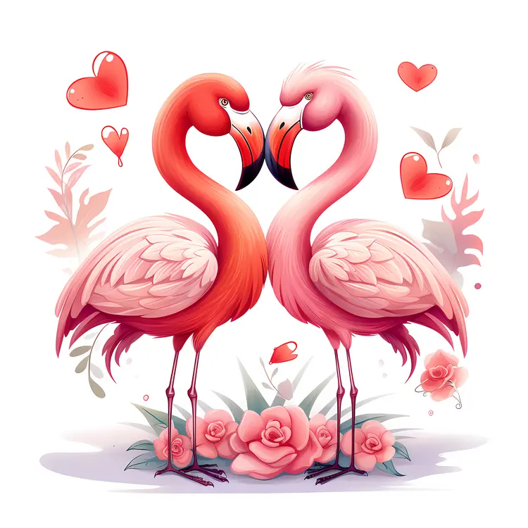 Cute Flamingos with Hearts and Flowers