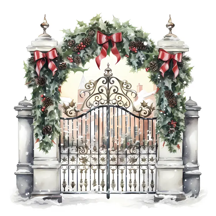Festively Decorated Gate with Wreaths and Bows