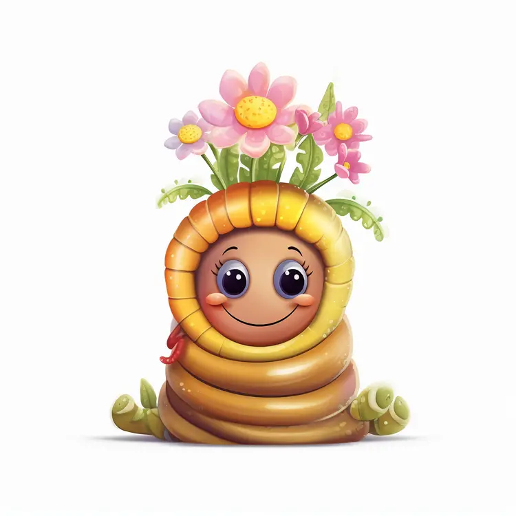 Cute Worm with Flowers Cartoon Illustration