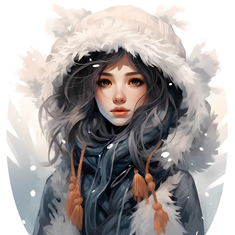 Winter Portrait of Girl in Fur Hood