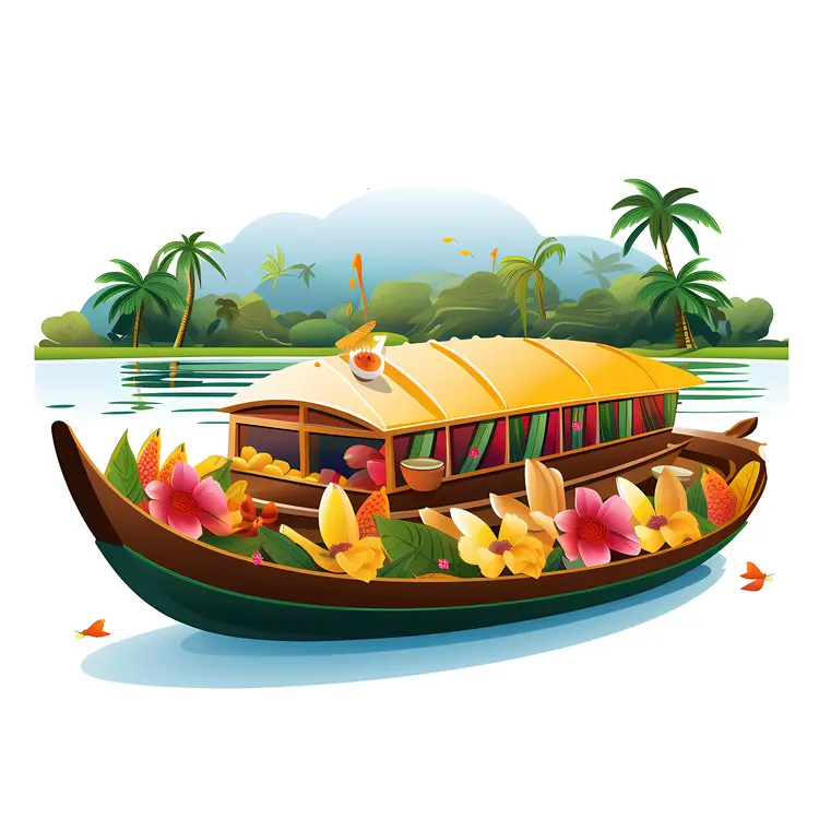 Tropical Houseboat with Flowers on River