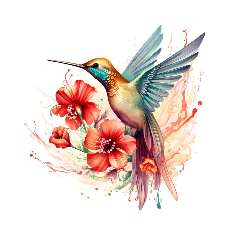 Hummingbird and Red Hibiscus Illustration