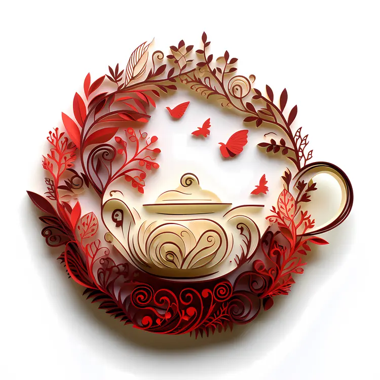 Teapot with Butterflies and Leaves Illustration