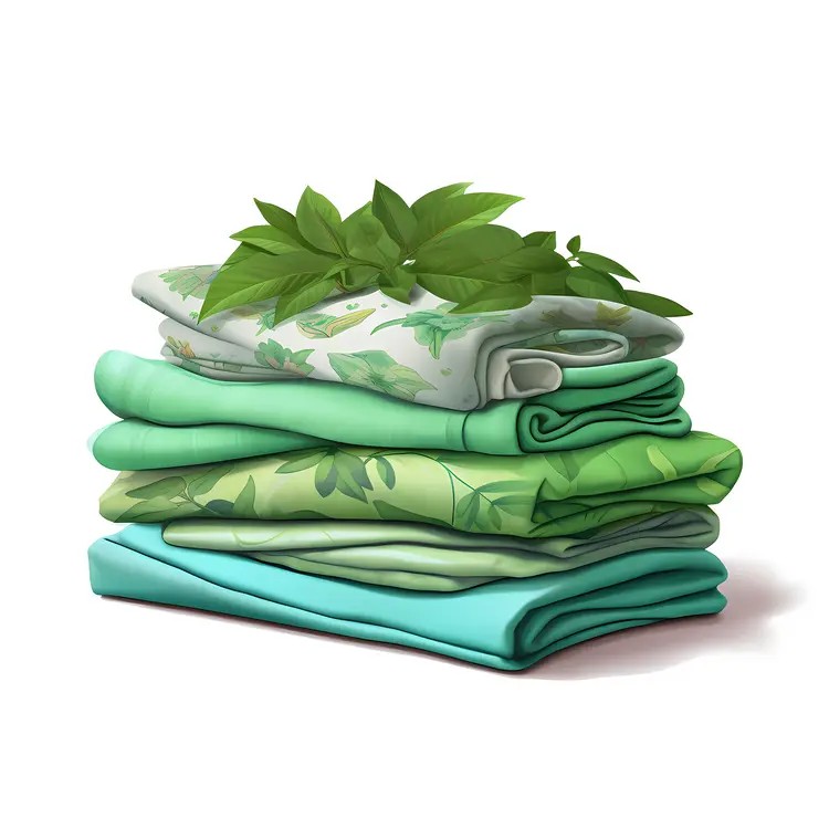Neatly Stacked Green and Blue Folded Clothes with Leaf