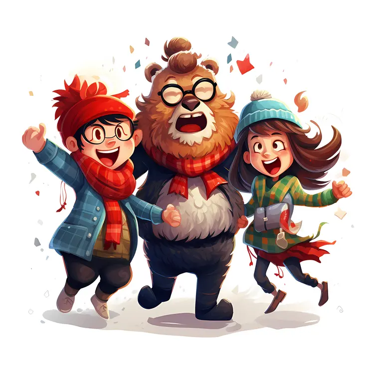 Cartoon Characters Having Winter Fun