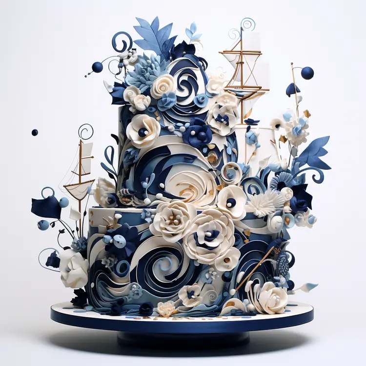 Decorative Blue and White Cake with Flowers