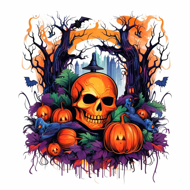 Skull with Pumpkins in Spooky Forest