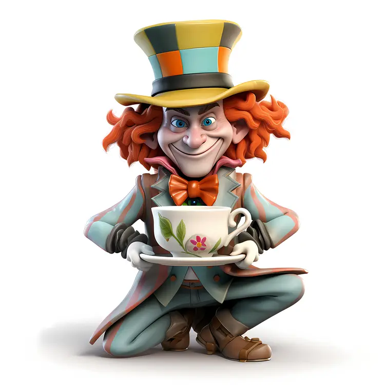 Cartoon Mad Hatter Kneeling with Tea Cup