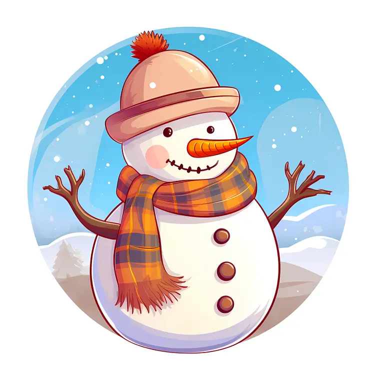 Cheerful Snowman with Scarf and Hat in Winter Scene