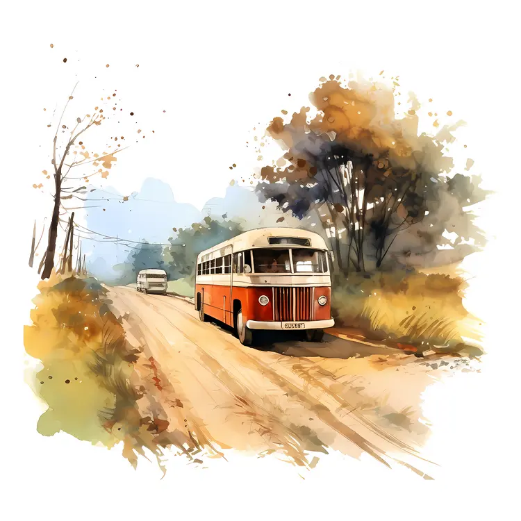 Orange Bus on a Tree-lined Road