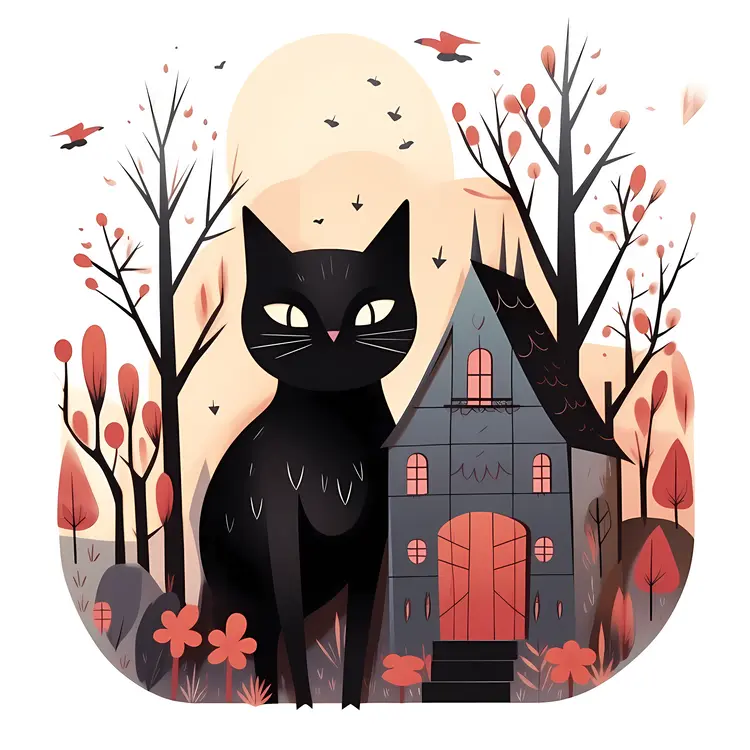 Black Cat in Front of Haunted House