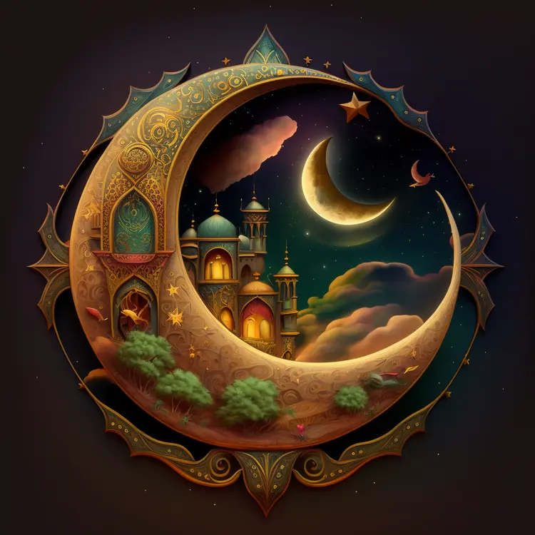 Ornate Crescent Moon with Islamic Architecture