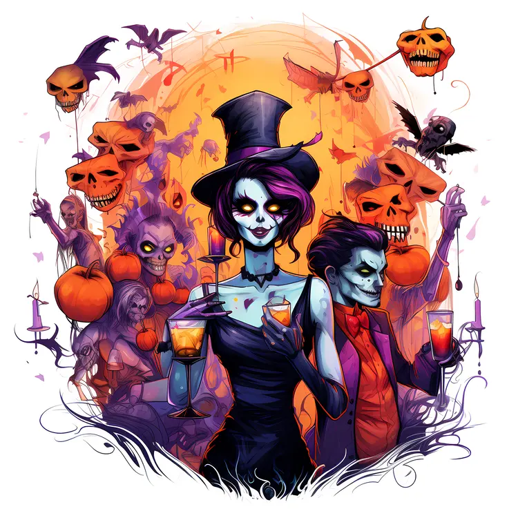 Halloween Party with Costumes and Pumpkins