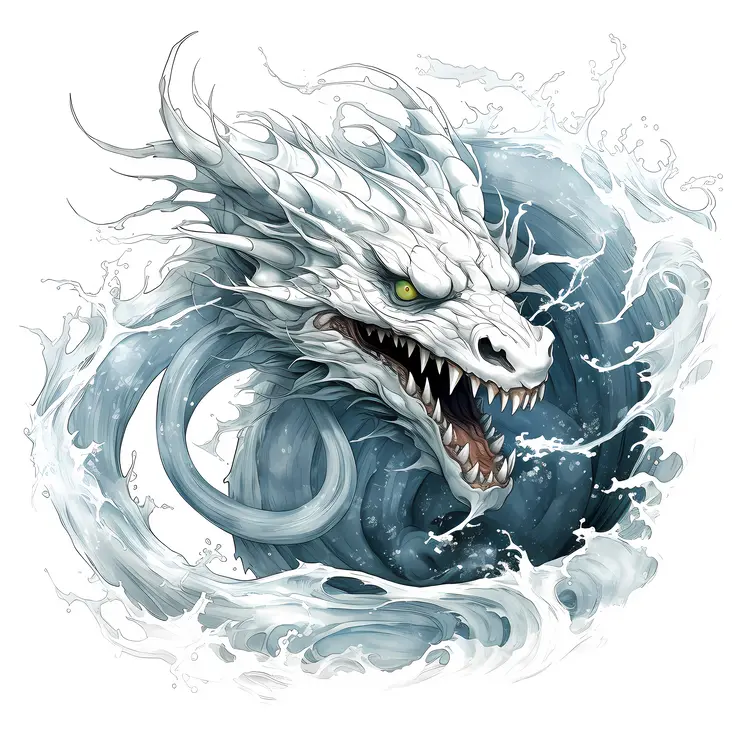 Fierce White Dragon in Water Swirl